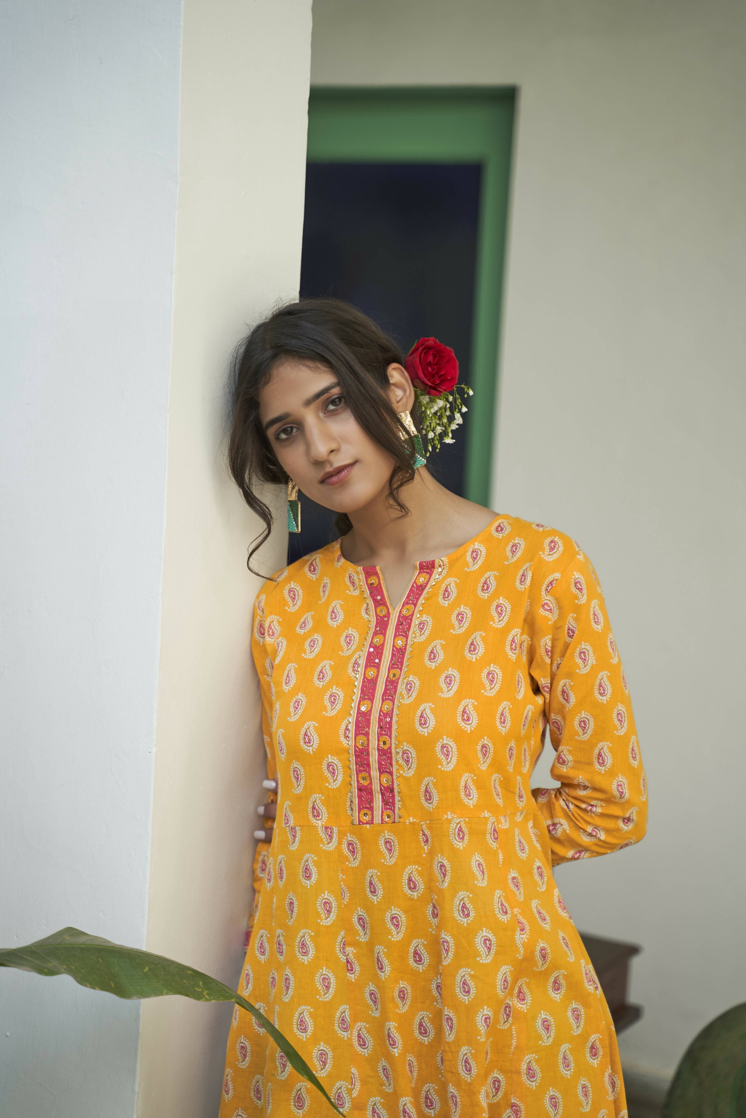 Mustard Cotton Paisley Printed A line Kurta - Prasuti