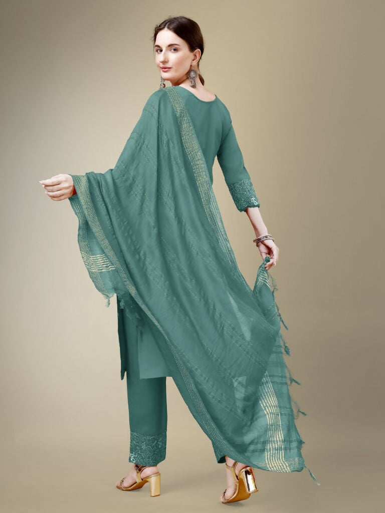 Jyoti Fashion Women's Teal Cotton Blend Embroidery & Fancy Lace work Kurta with Trouser & Dupatta
