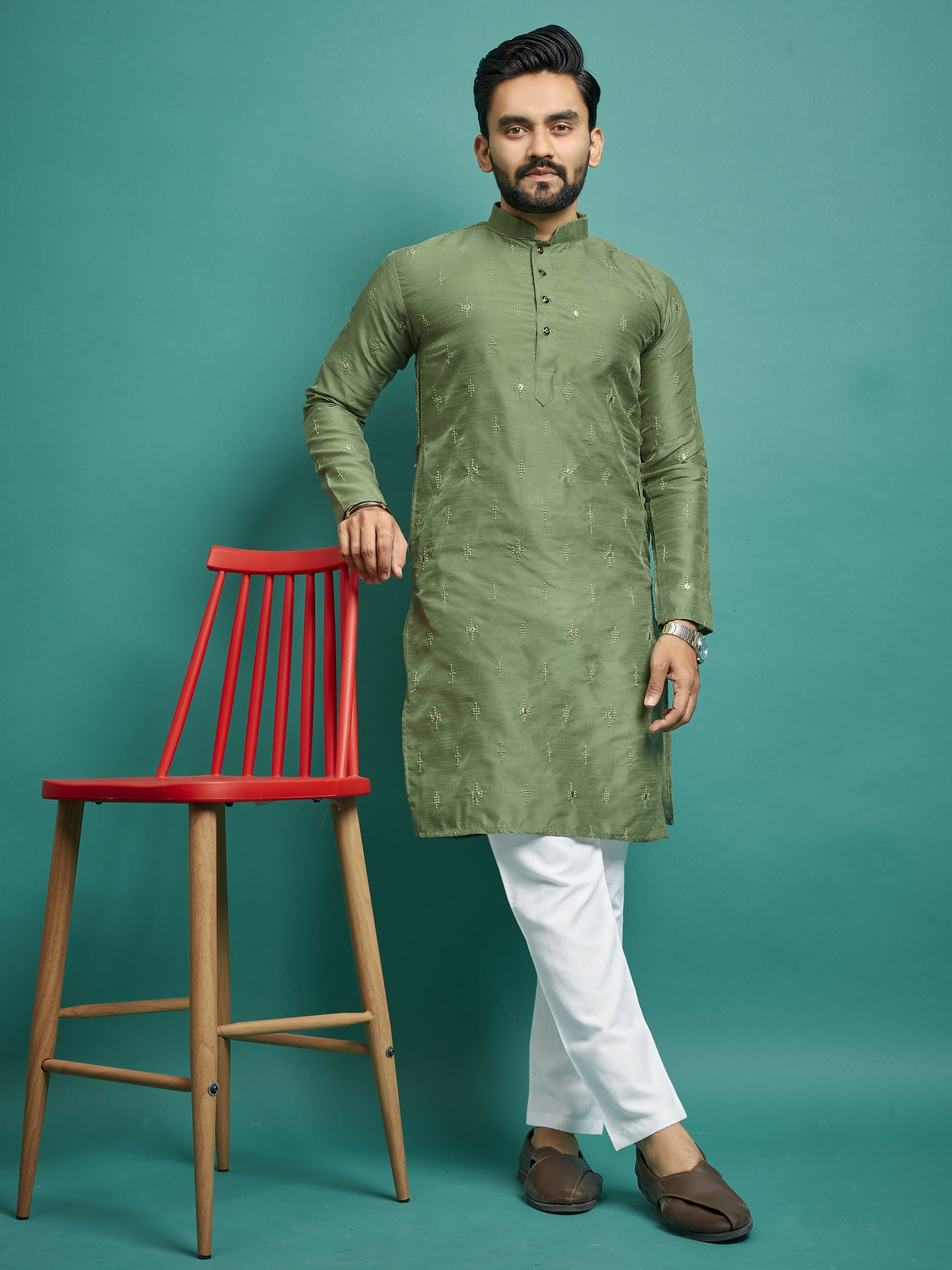 Party Wear Stitched Green Kurta Pajama For Men by Infinity Export