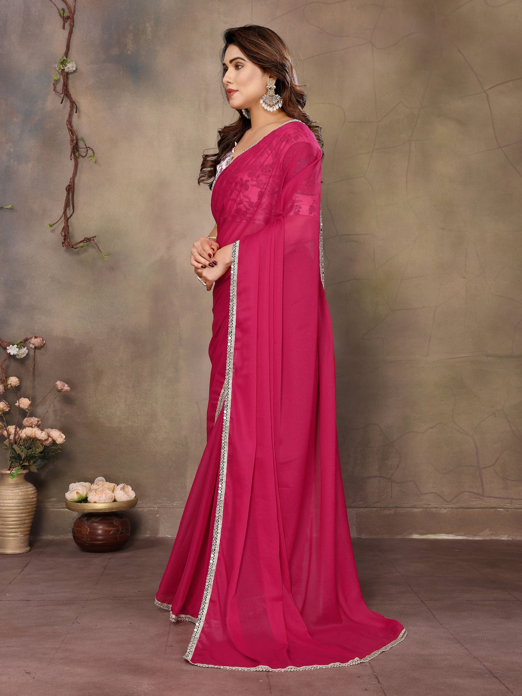Partywear traditional Georgette Pink Fancy Saree - Anbazaar