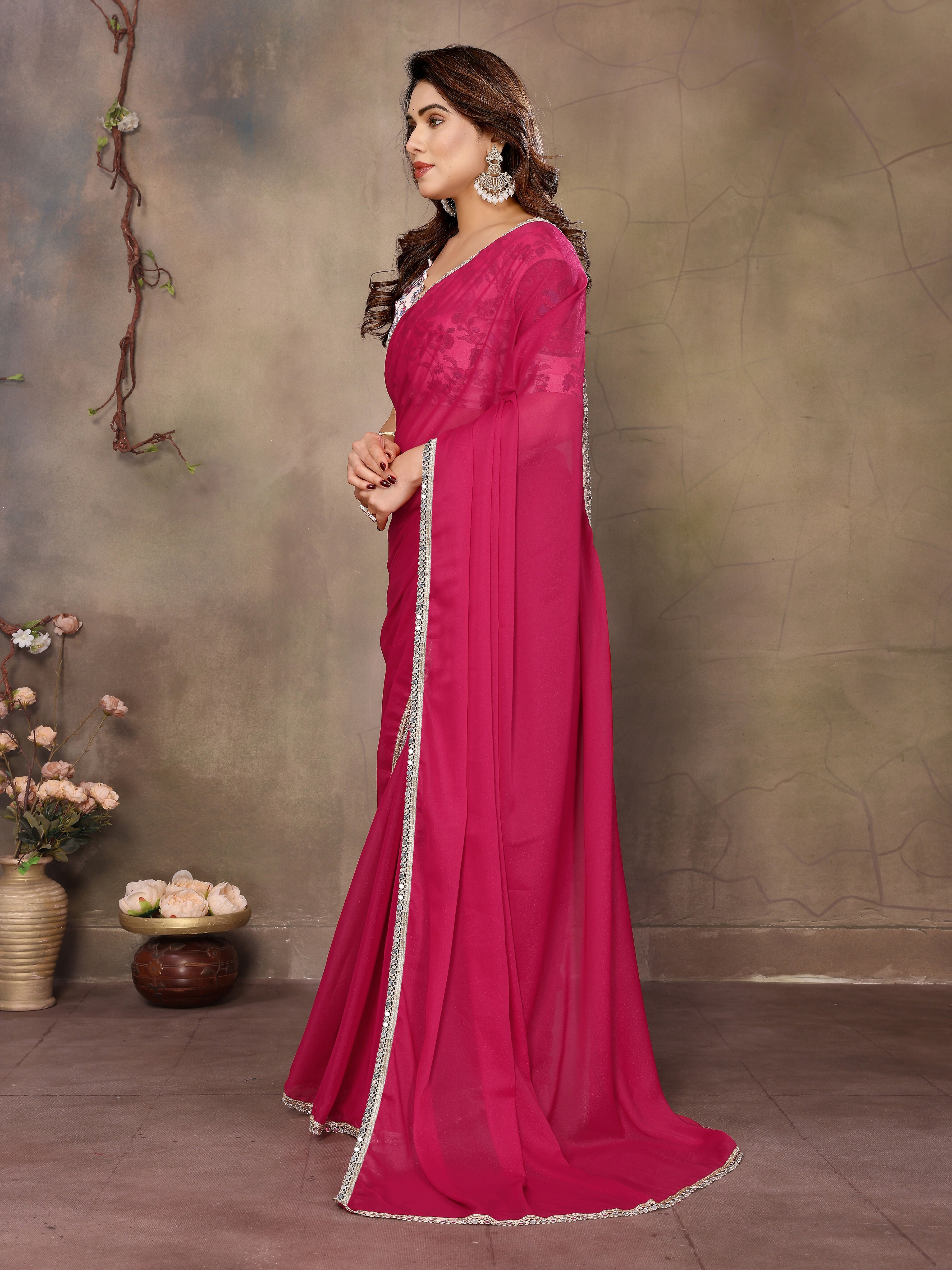 Partywear traditional Georgette Pink Fancy Saree - Anbazaar