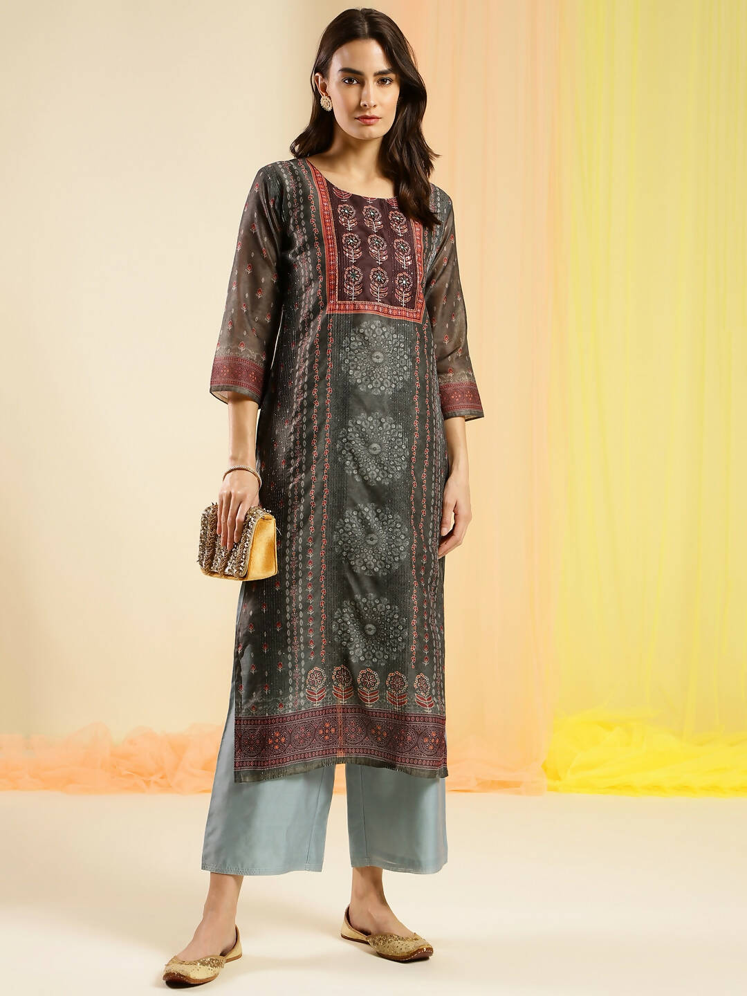 Dark Green Chinon Digital Printed With Hand Work Kurta - Himanshi