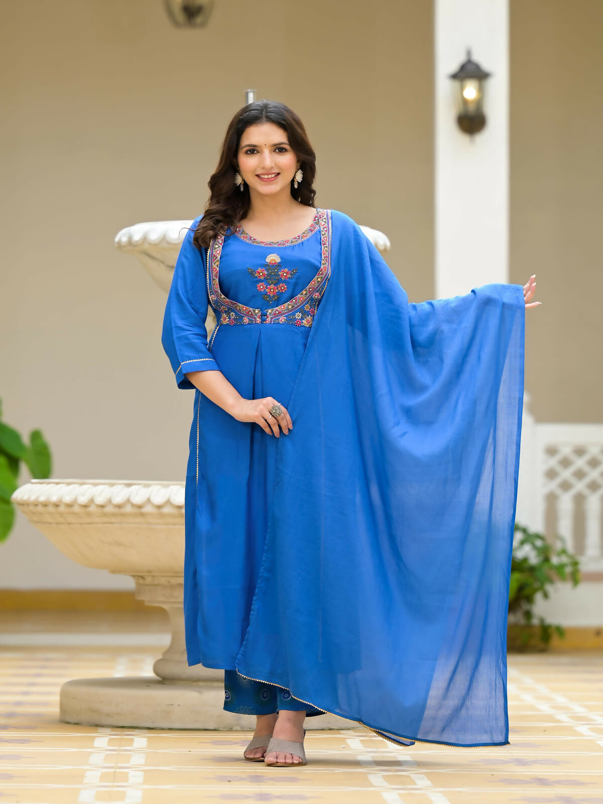 Juniper Women's Blue Solid Viscose Kurta Pant With Dupatta Set With Thread & Mirror Work