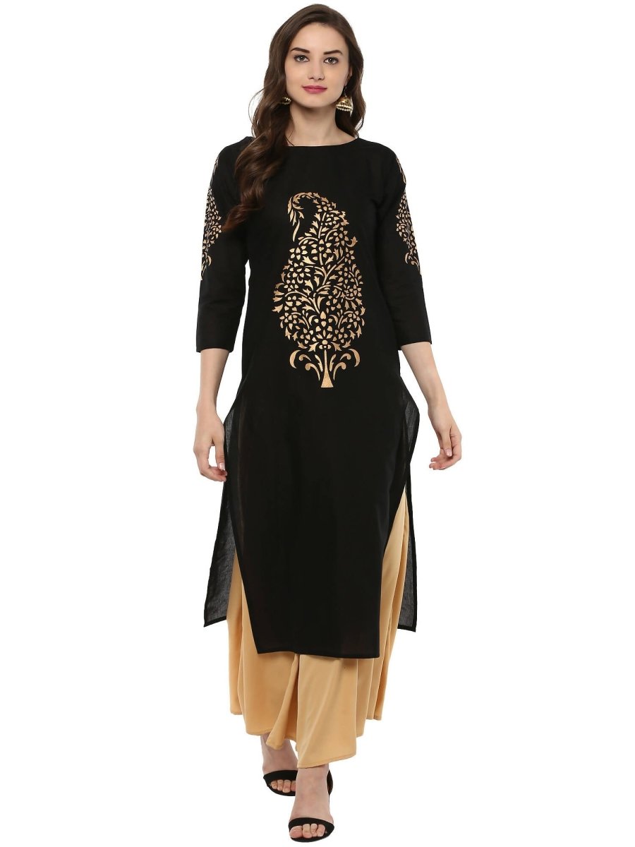 Ahalyaa Black Chanderi Gold Print Kurta