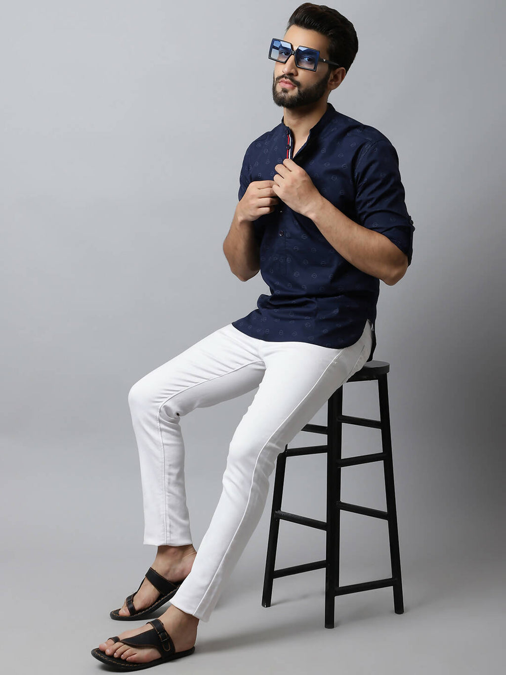 Even Apparels Navy blue Color Pure Cotton Men's Kurta With Band Collar (PRT1184)
