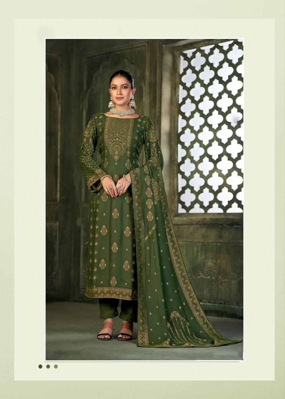 Green Viscose Pasmina Mina Work Kurta & Bottom with Dupatta - Natasha