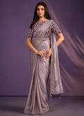 Purple Pattern Georgette Embroidered Saree With Stitched Blouse - Mohmanthan Exotica