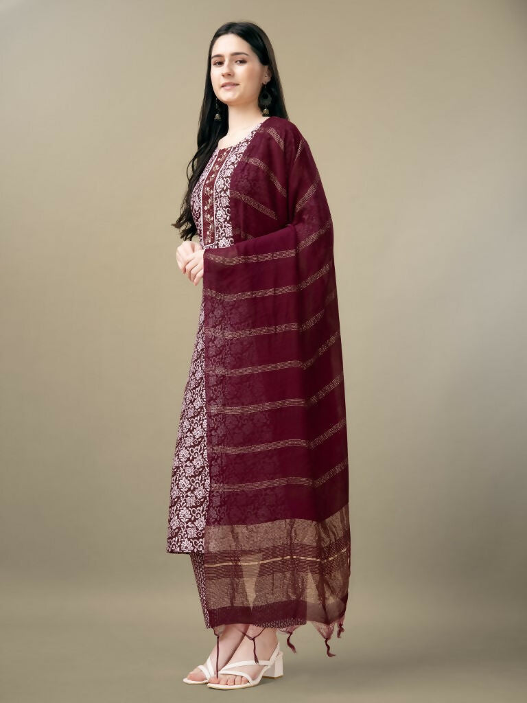 Jyoti Fashion Women's Maroon Rayon Embroidery & Sequence work Kurta with Trouser & Dupatta