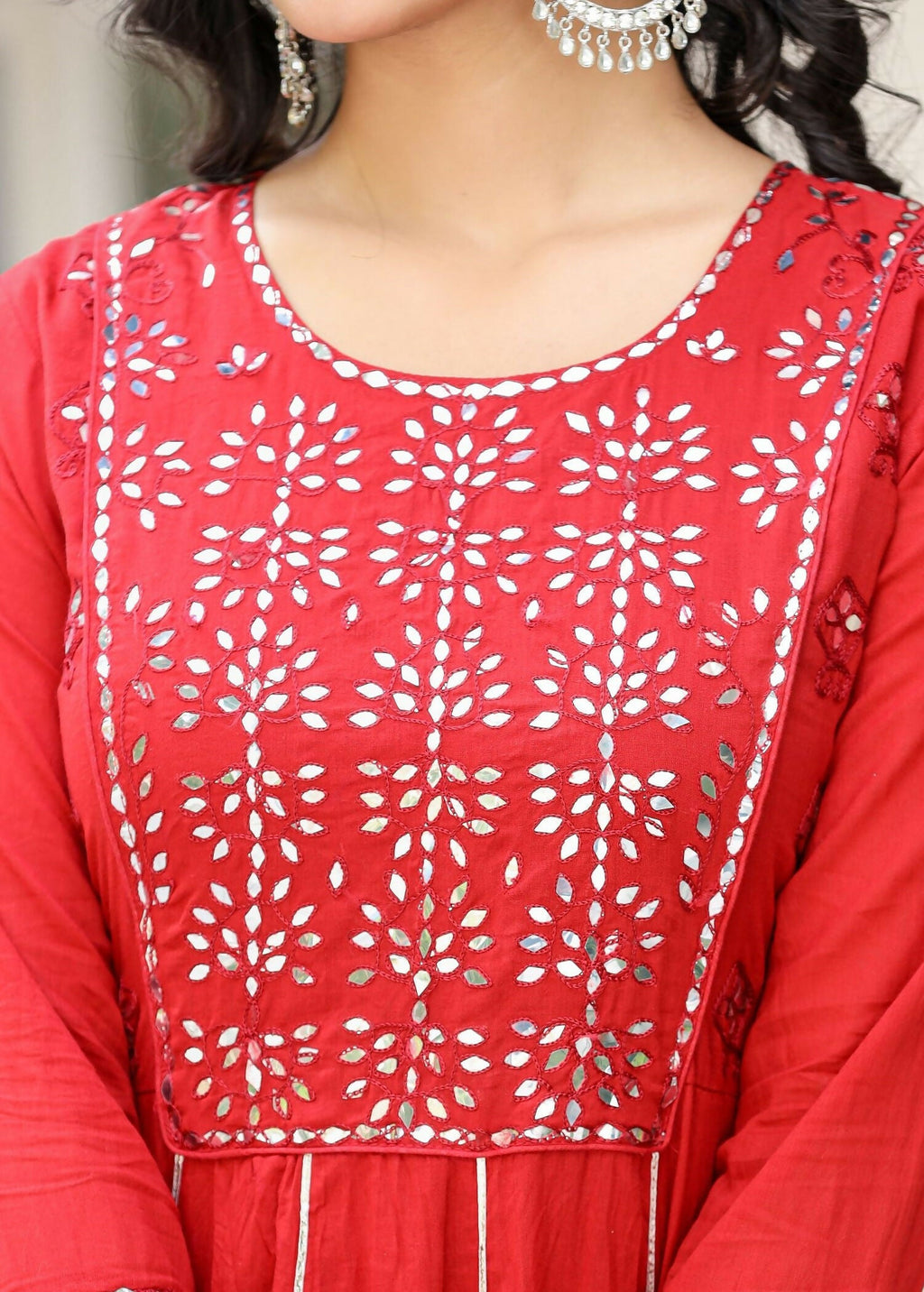 Kaajh Women's Red Mirror Embroidered Cotton Ethnic Dress