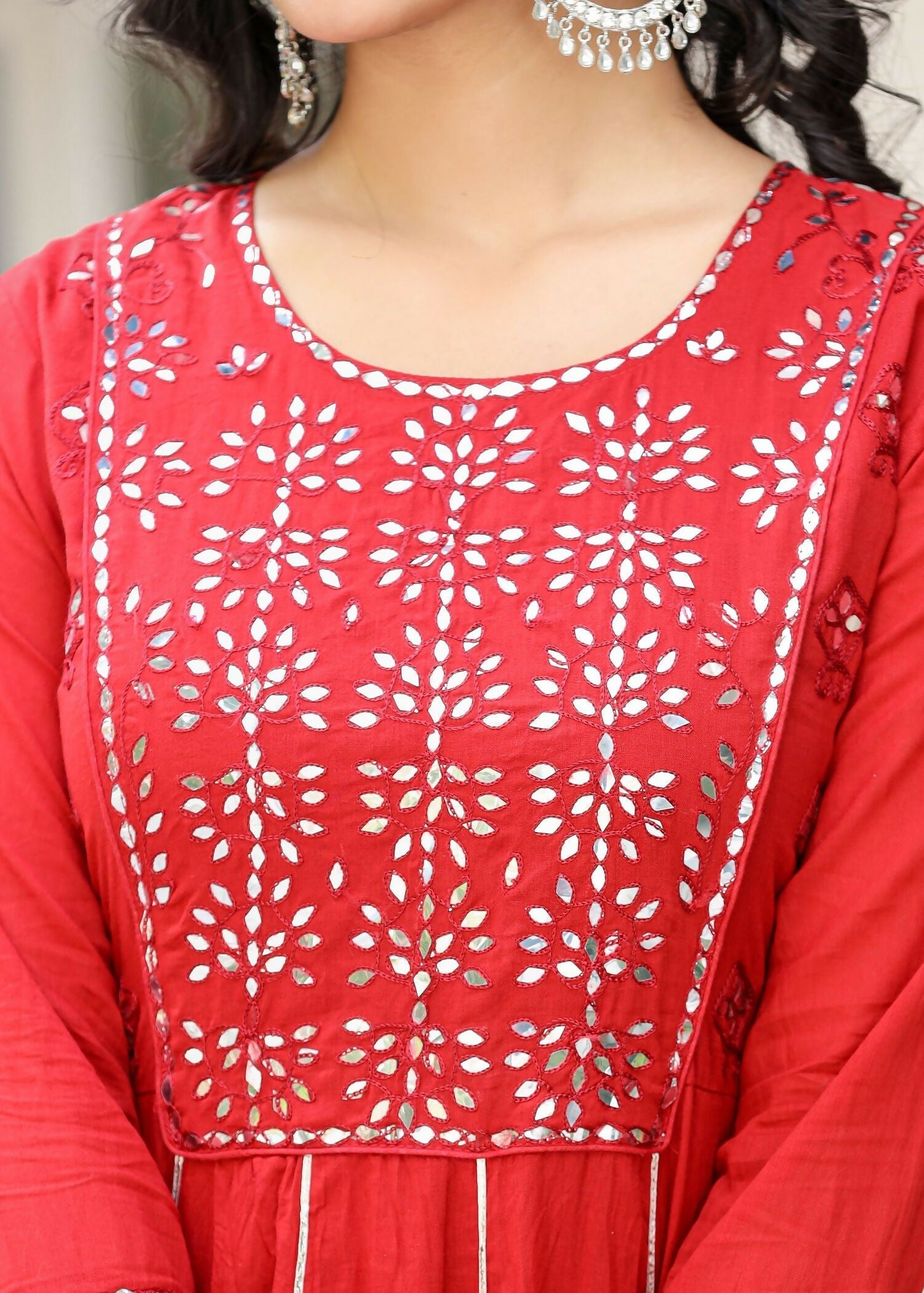 Kaajh Women's Red Mirror Embroidered Cotton Ethnic Dress