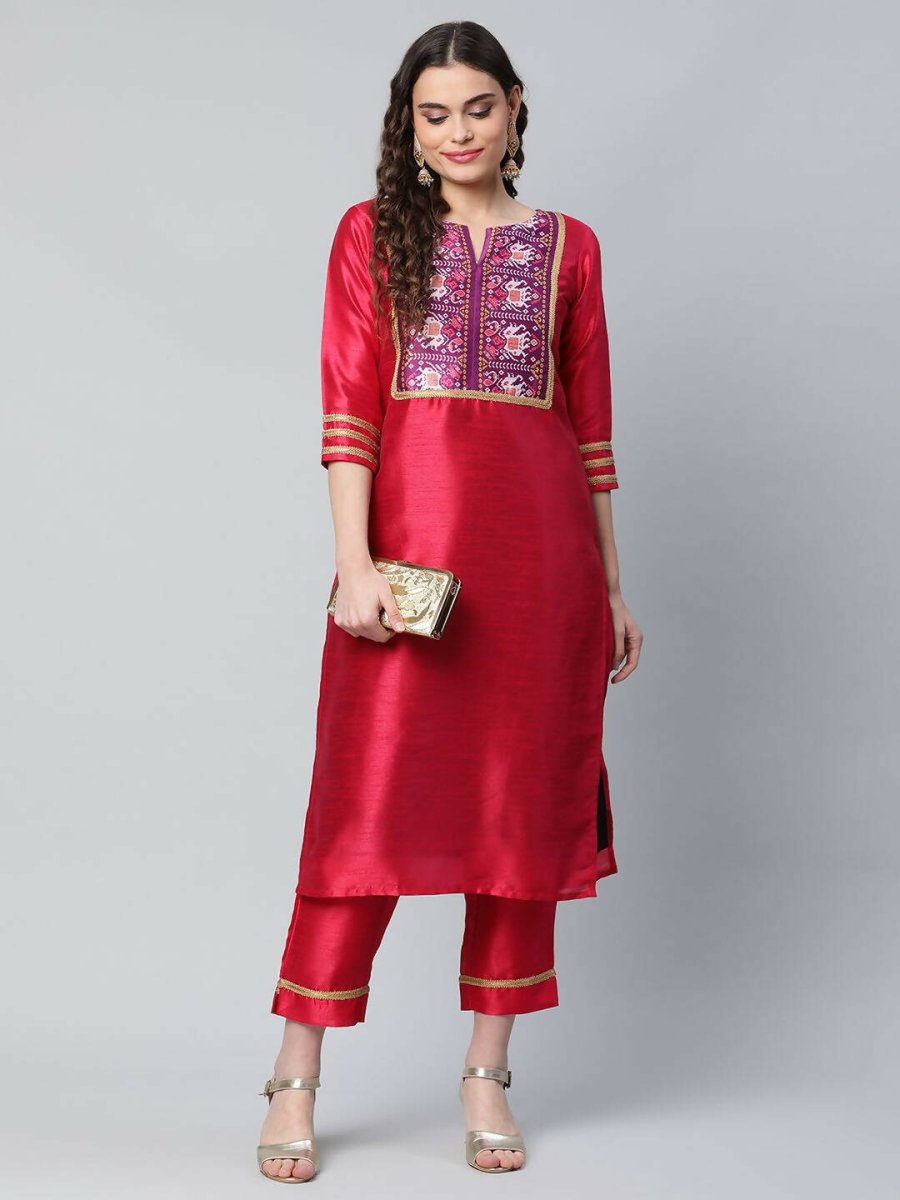 Ahalyaa Womens Red Art Silk Printed Kurta Pant Set
