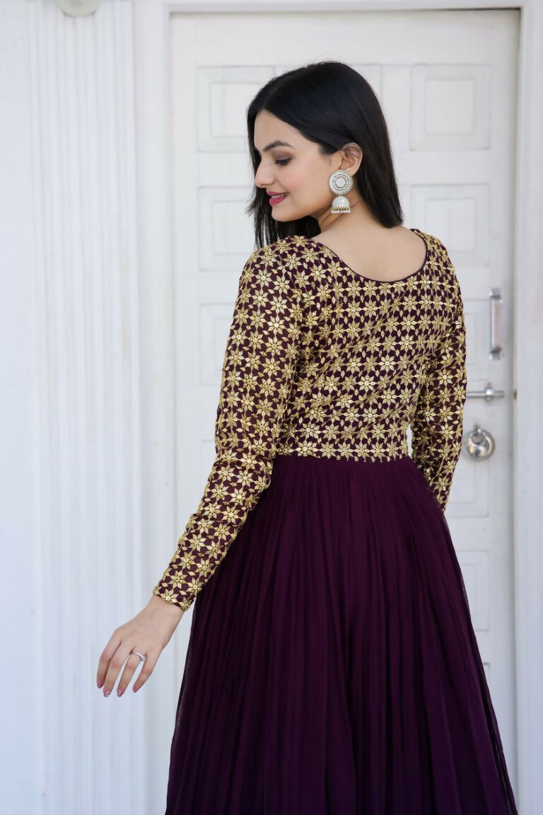 Jyoti Fashion Women's Wine Sequence Zari Embroidered Faux Blooming Anarkali Dress