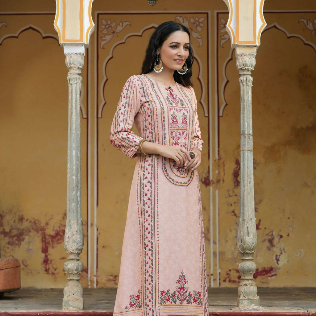 Juniper Women's Peach Rayon Staple Printed A-Line Kurta