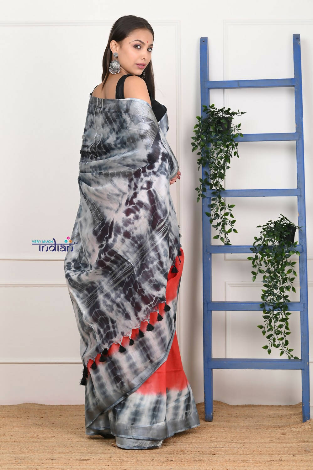 Very Much Indian Handmade Tie And Dye Cotton Saree By Women Weavers -Red Black