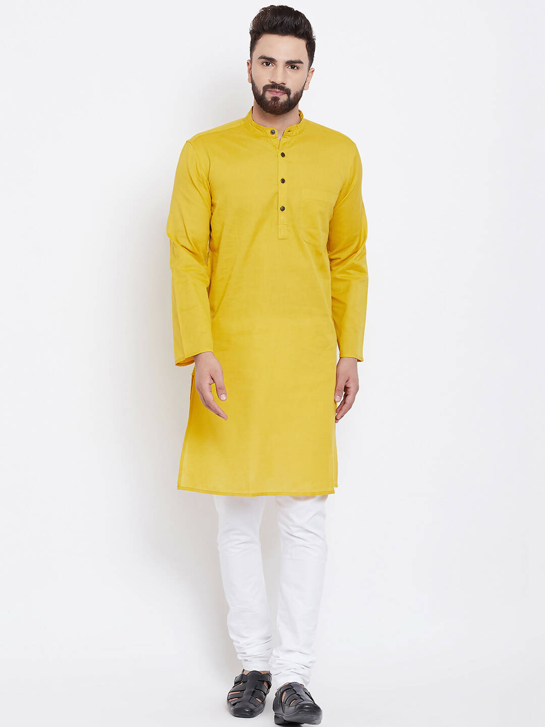 Even Apparels Yellow Men's Pure Cotton Kurta With Band Collar