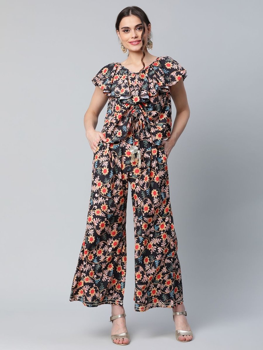 Ahalyaa Women Black Crepe Digital Print Top with Palazzo Set