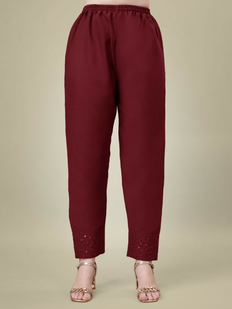 Jyoti Fashion Women's Maroon Cotton Blend Embroidery & Sequence work Kurta with Trouser & Dupatta