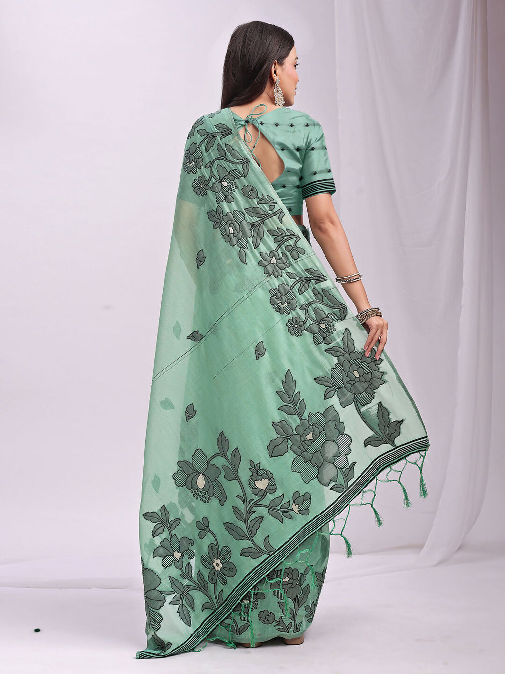 Shree Shyam Fashion Kashira Rama Green Linen Cotton Saree