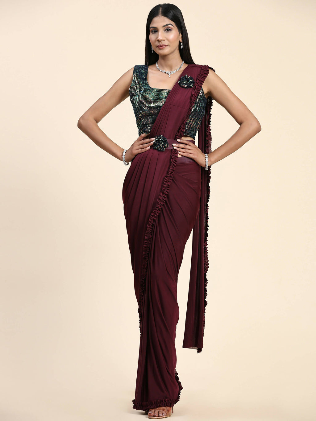 Maroon Imported Fabric Plain Ready to wear Saree with stitched Blouse - Vrinda