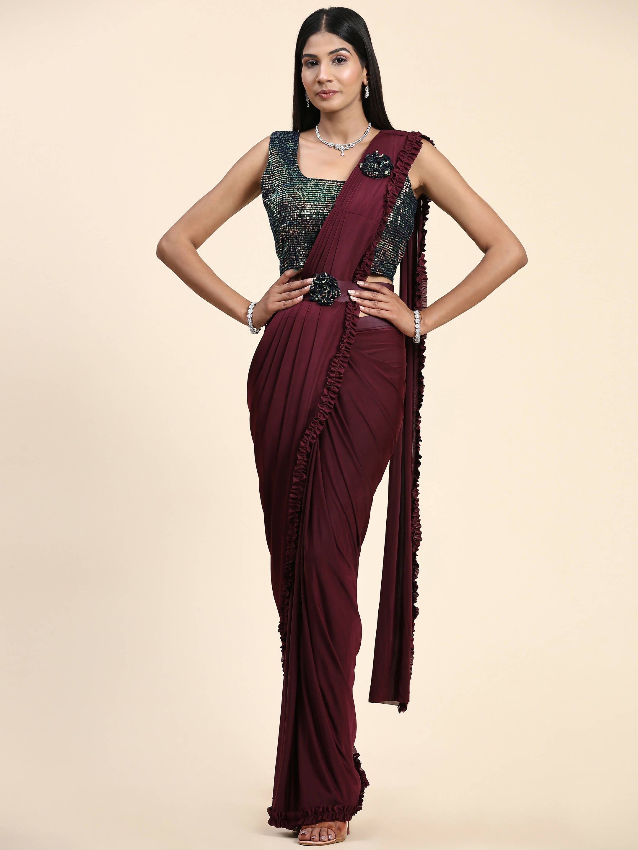 Maroon Imported Fabric Plain Ready to wear Saree with stitched Blouse - Vrinda