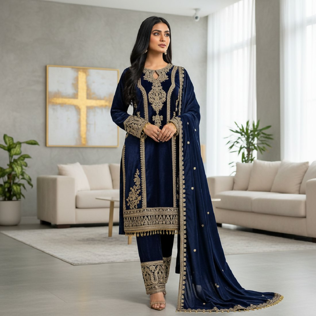 Teeya Creation Blue Color Velvet Fabric Designer Embroidery Work Suit