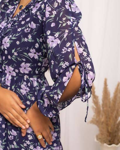 FIORRA Women's Blue Georgette Floral Printed Western Dress