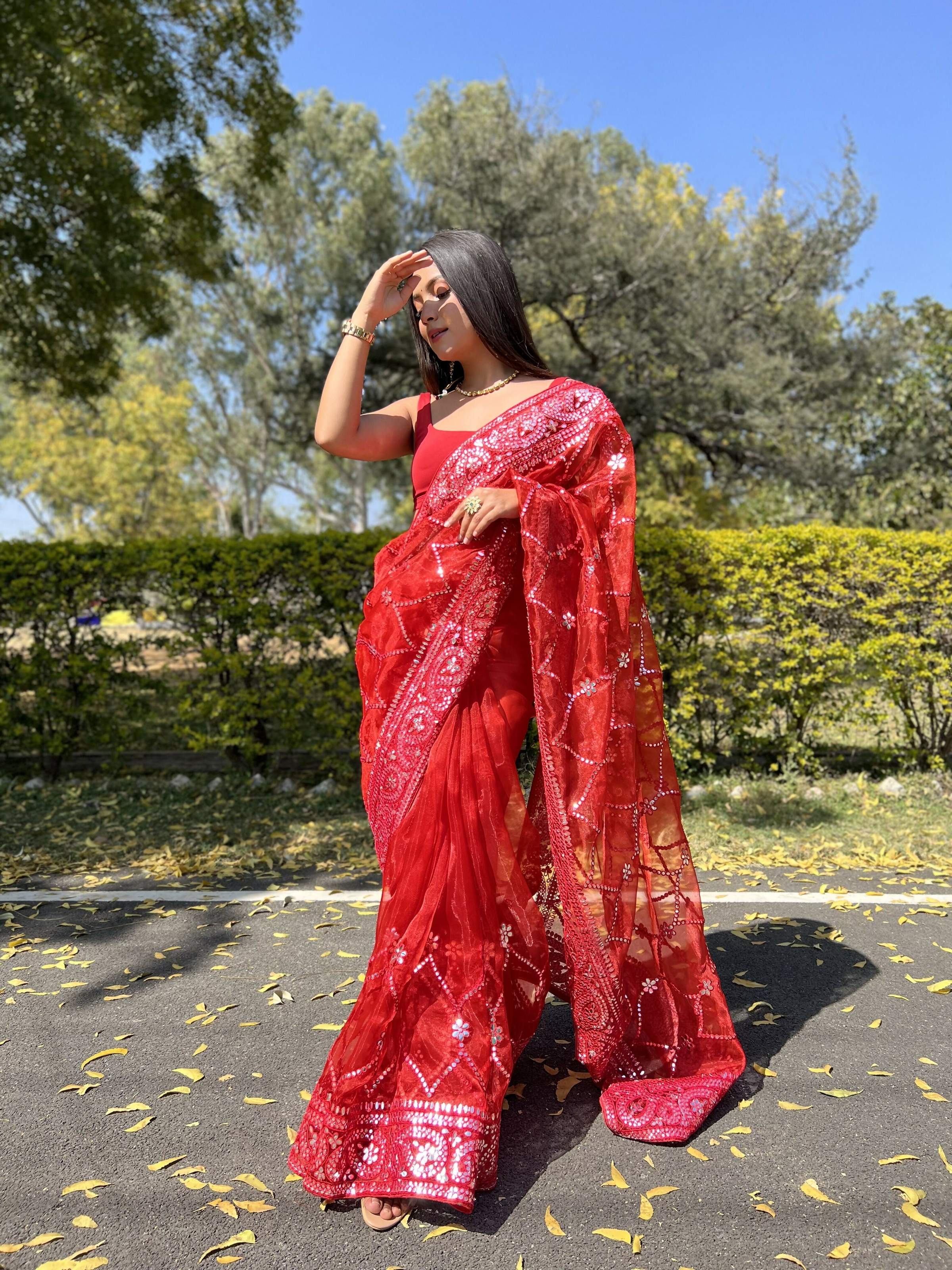 Vamsee Naina Red Organza Saree