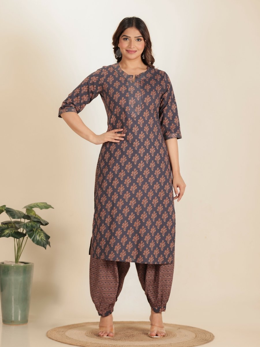 Aramya Straight Soft Cotton Floral Print Women's Kurta Set - Grey