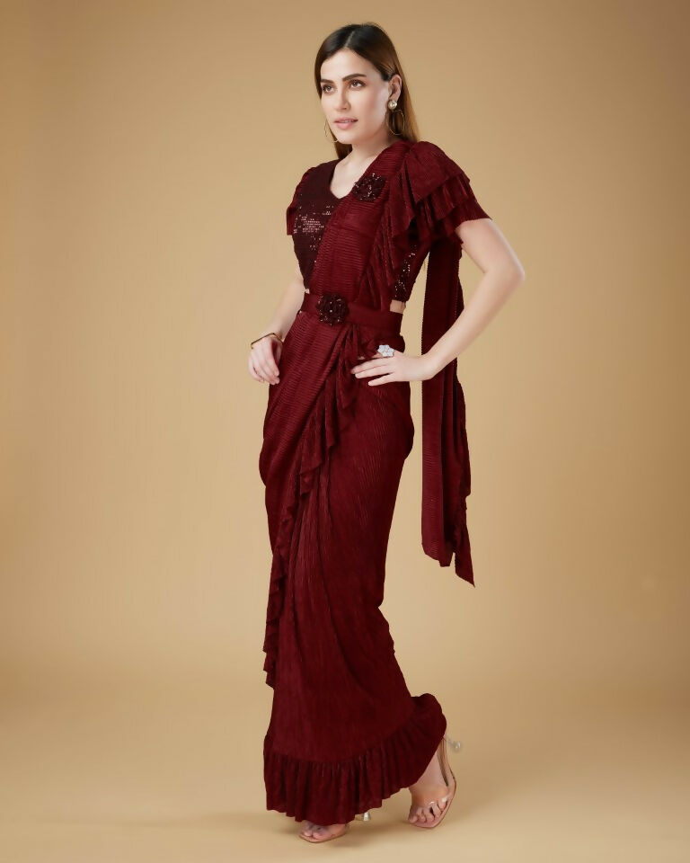 Maroon Imported Crush Solid Ready to Wear Saree with stitched Blouse - Aayan