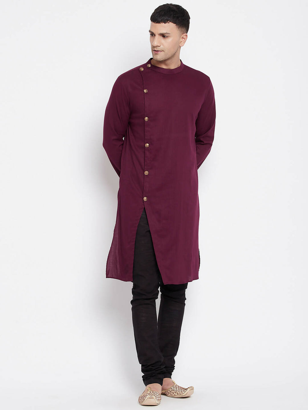 Even Apparels Maroon Pure Cotton Men's Sherwani Kurta With Asymetrical Cut