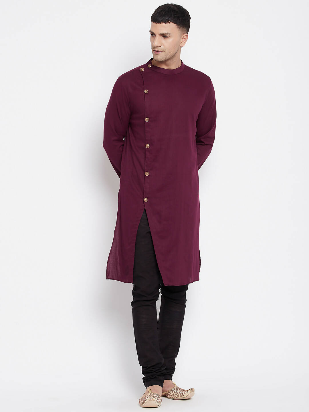 Even Apparels Maroon Pure Cotton Men's Sherwani Kurta With Asymetrical Cut