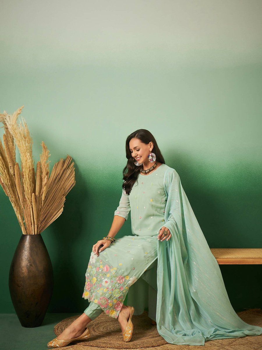 Aqua Blue Georgette Handwork Unstitched Dress Material - Hanika