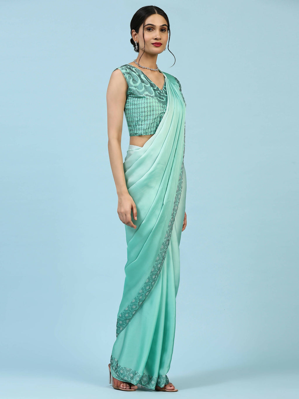 Sea Green Ombre Satin Georgette Plain Ready to wear Saree with stitched Blouse - Vrinda