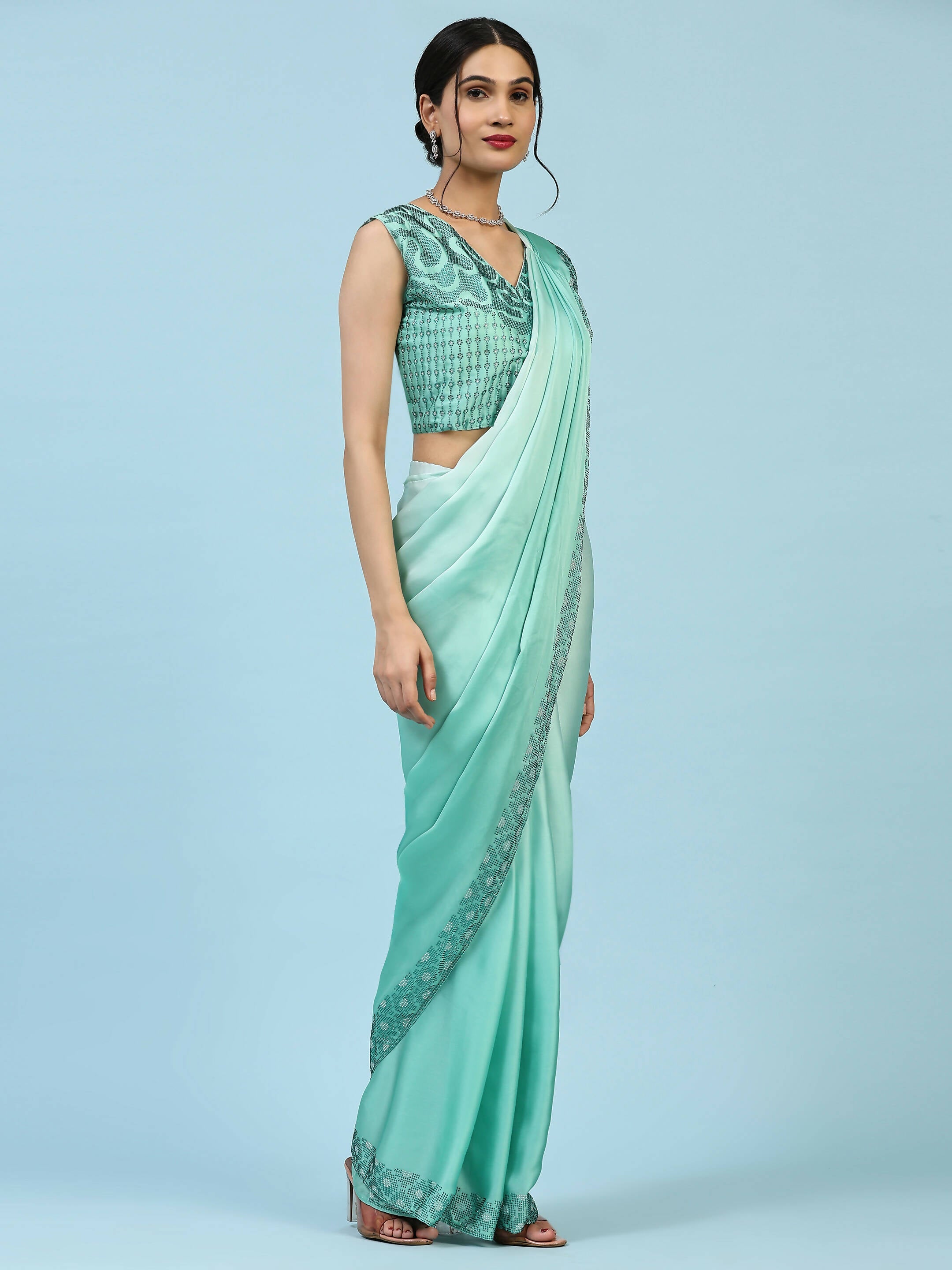 Sea Green Ombre Satin Georgette Plain Ready to wear Saree with stitched Blouse - Vrinda