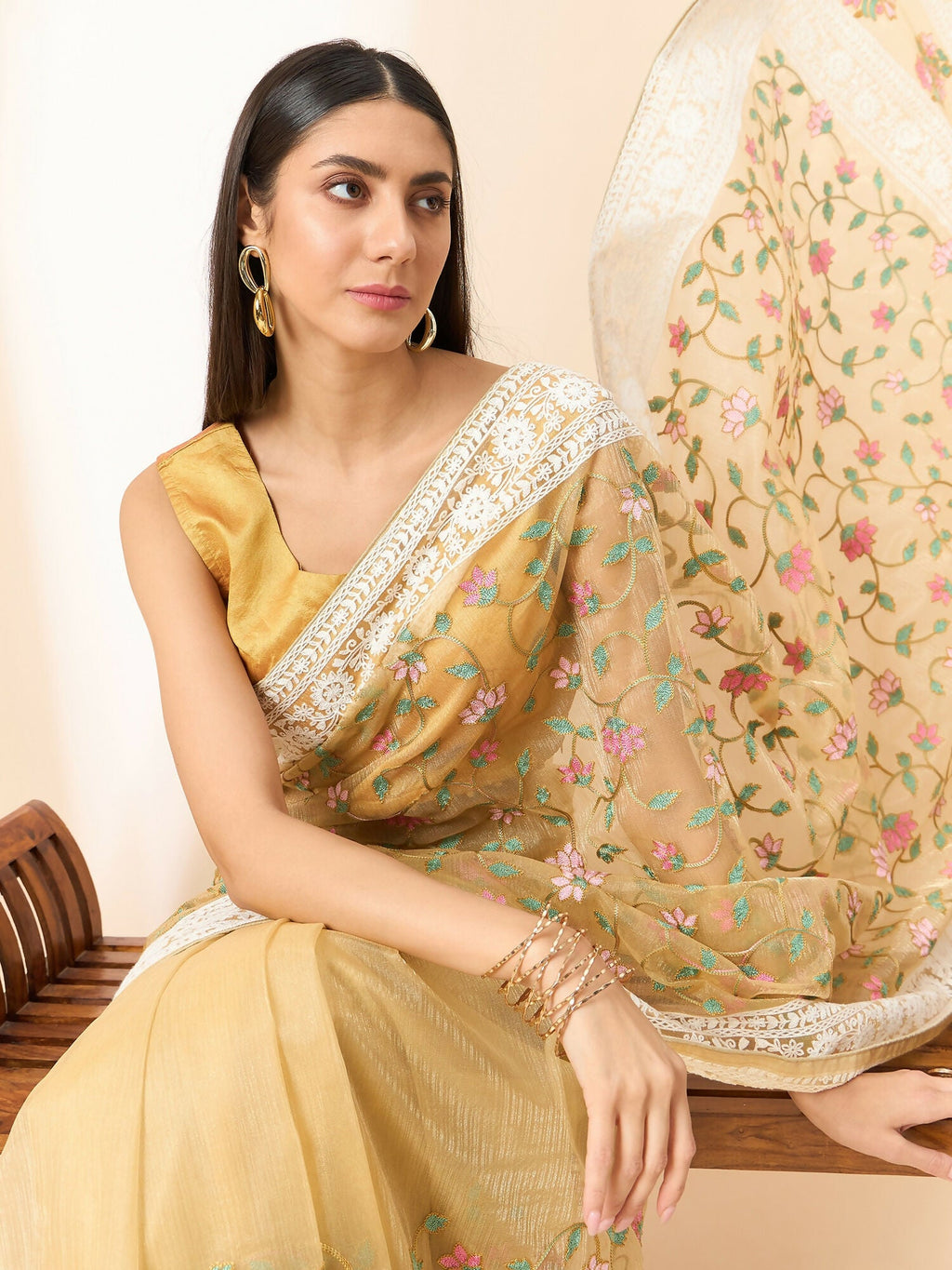 Beige Organza Floral Embroidered Saree with Unstitched Blouse Piece - Roozal