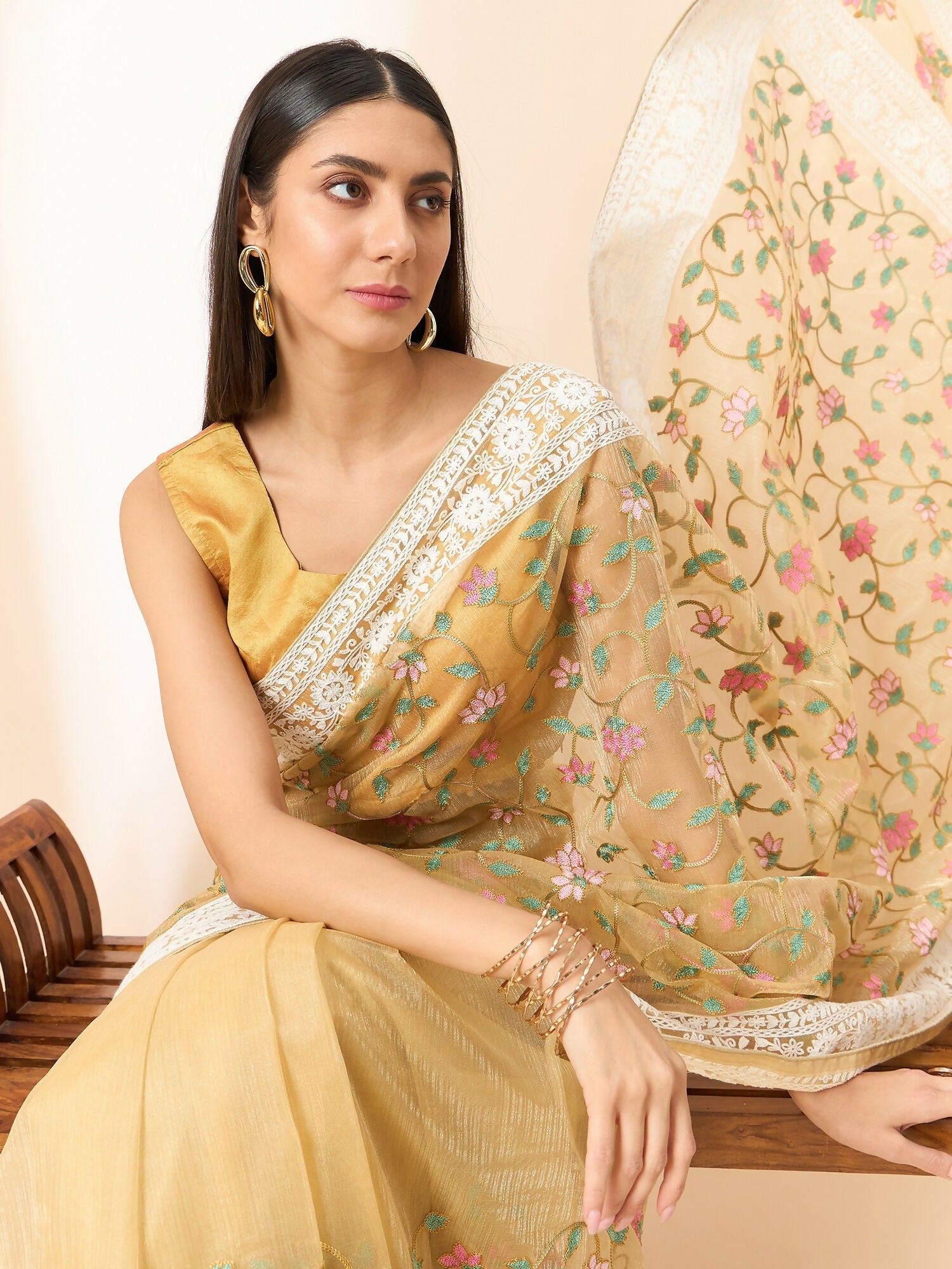Beige Organza Floral Embroidered Saree with Unstitched Blouse Piece - Roozal