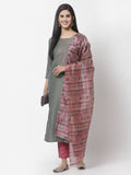 Myshka Women Grey Silk Blend Embroidered 3/4 Sleeve Round Neck Kurta Pant Dupatta Set
