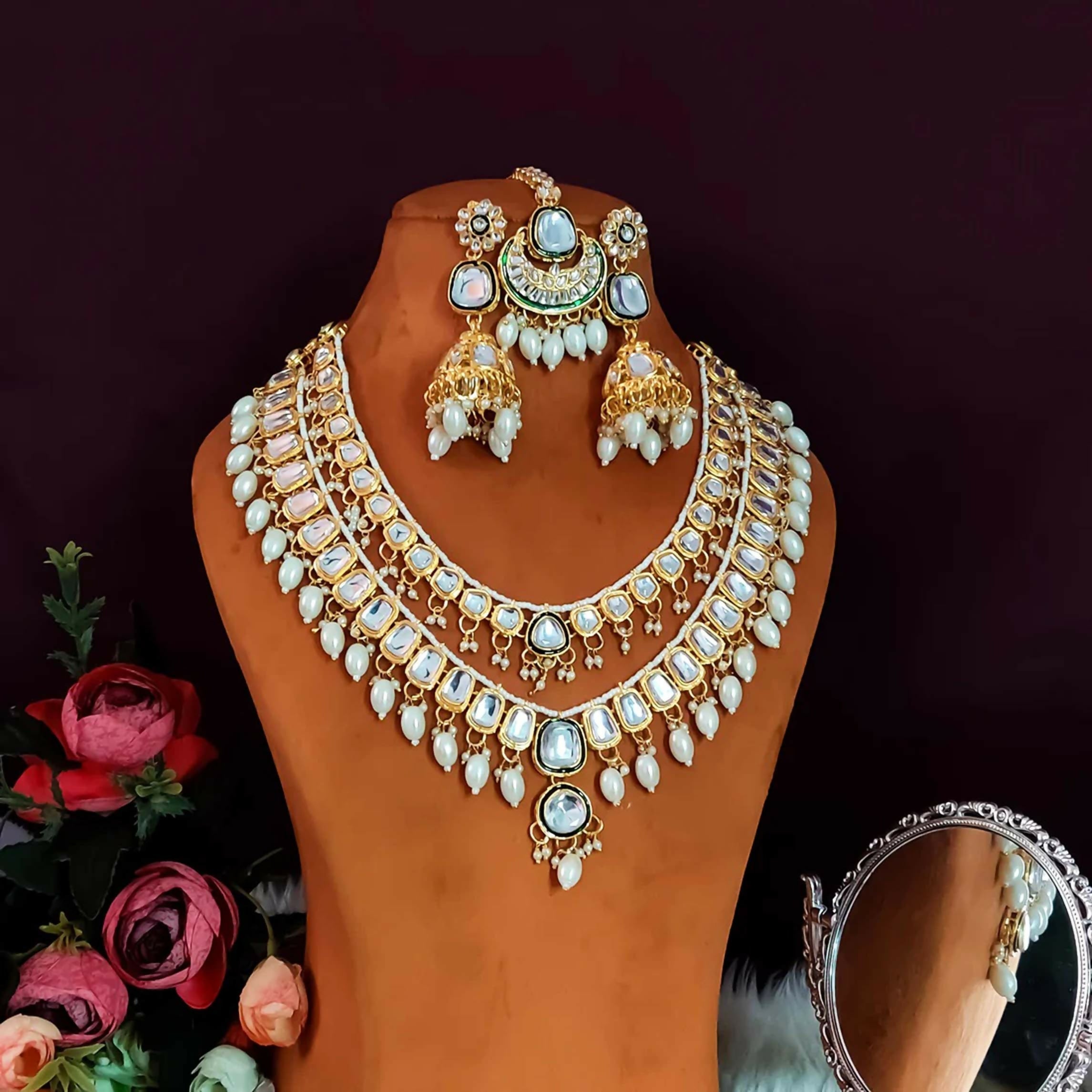 Joban Fashion Deep Double Layer Kundan Necklace Set - Green