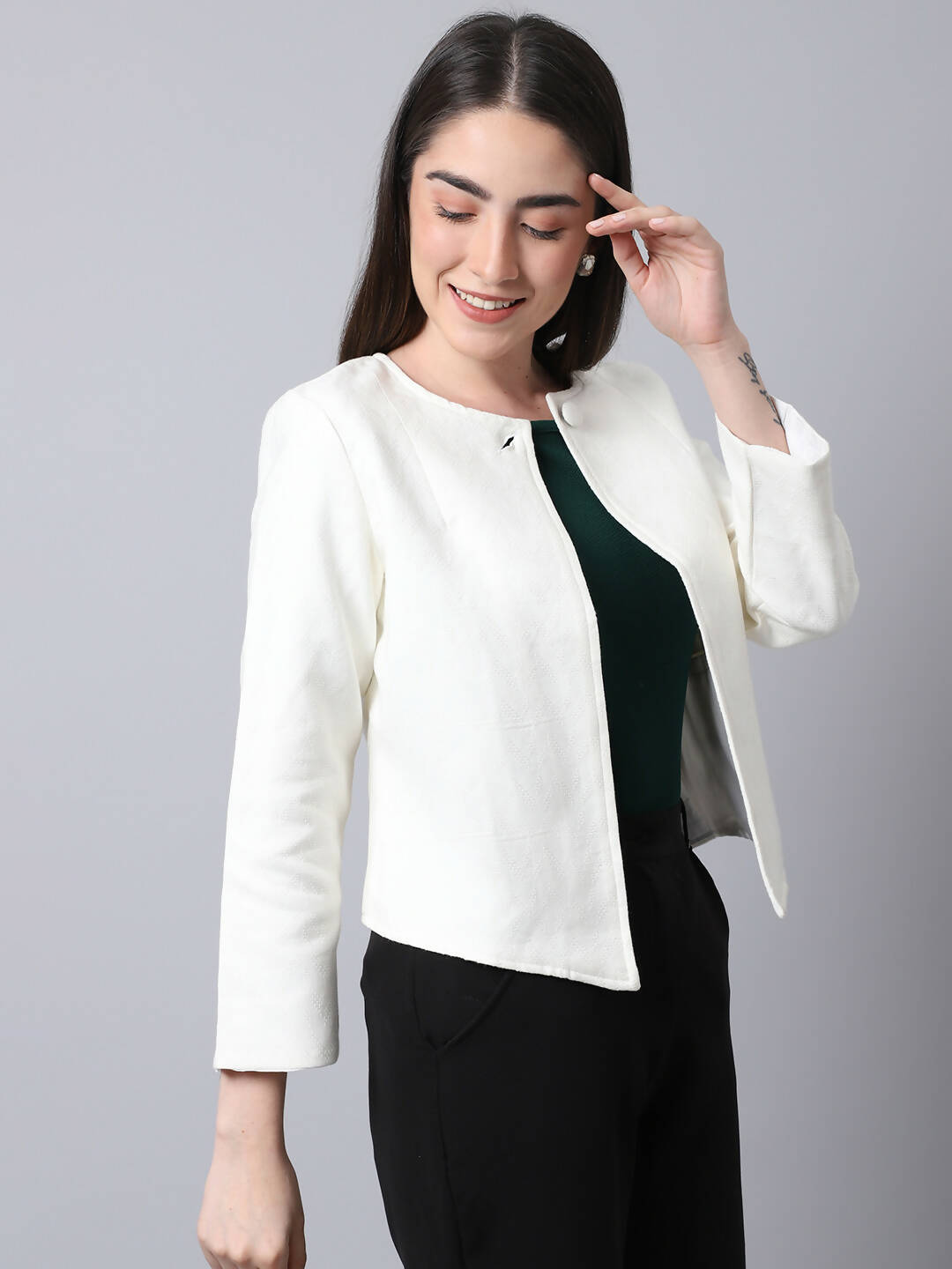 Even Apparels White 100% Viscose Open Front Statement Women's Jacket
