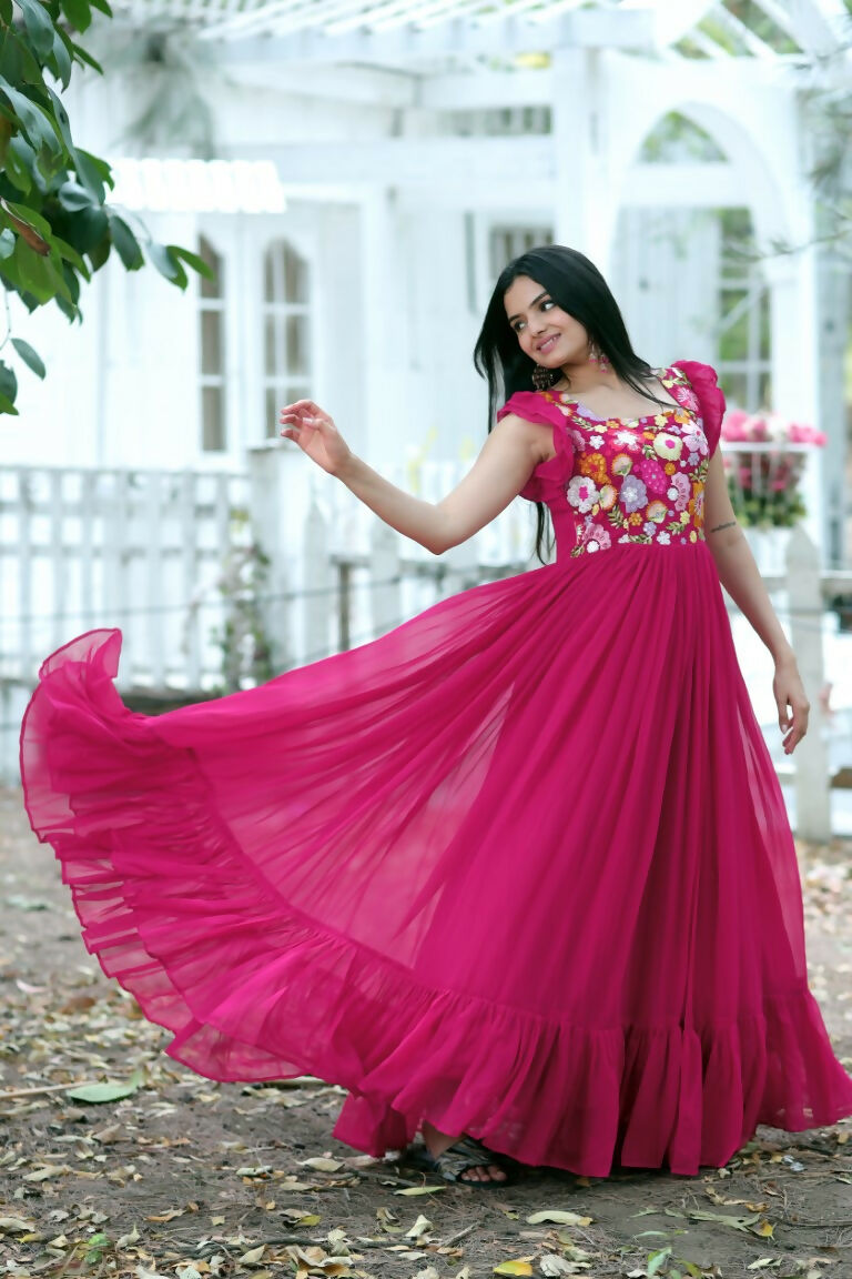 Jyoti Fashion Women's Rani Pink Sequins Thread Embroidery Faux Blooming Anarkali Dress
