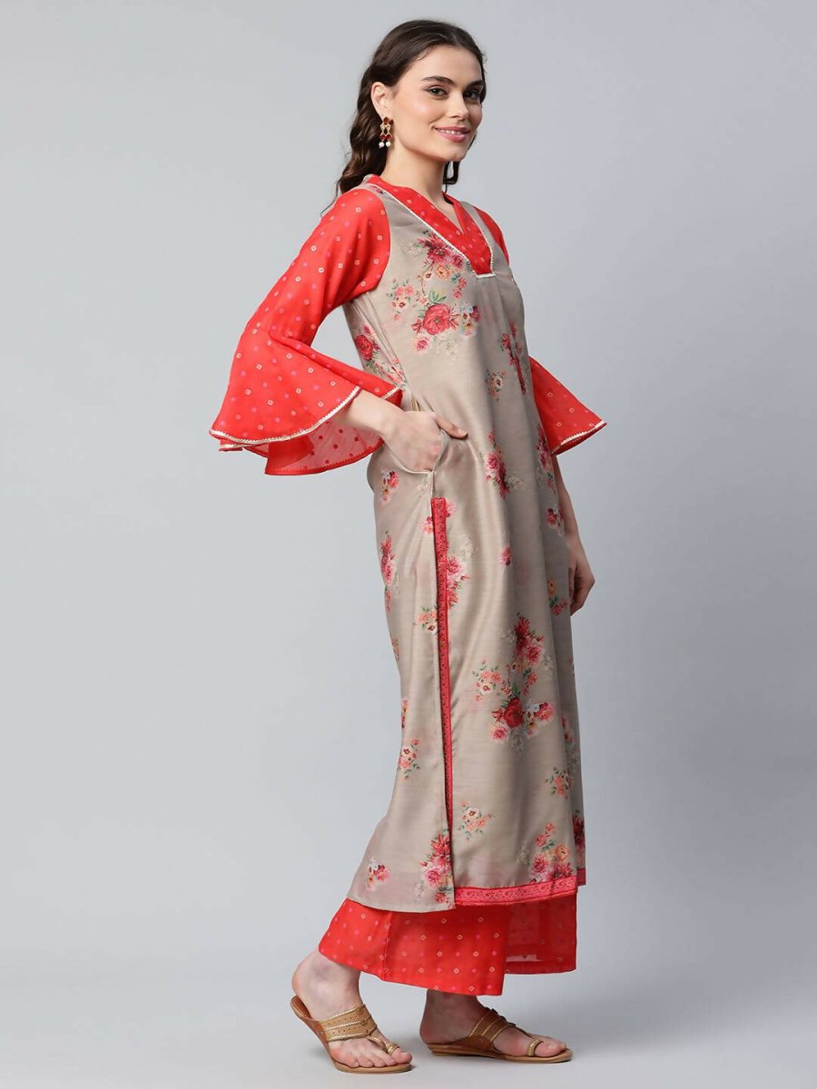 Ahalyaa Womens Chiku Chanderi Printed Kurta Palazzo Set