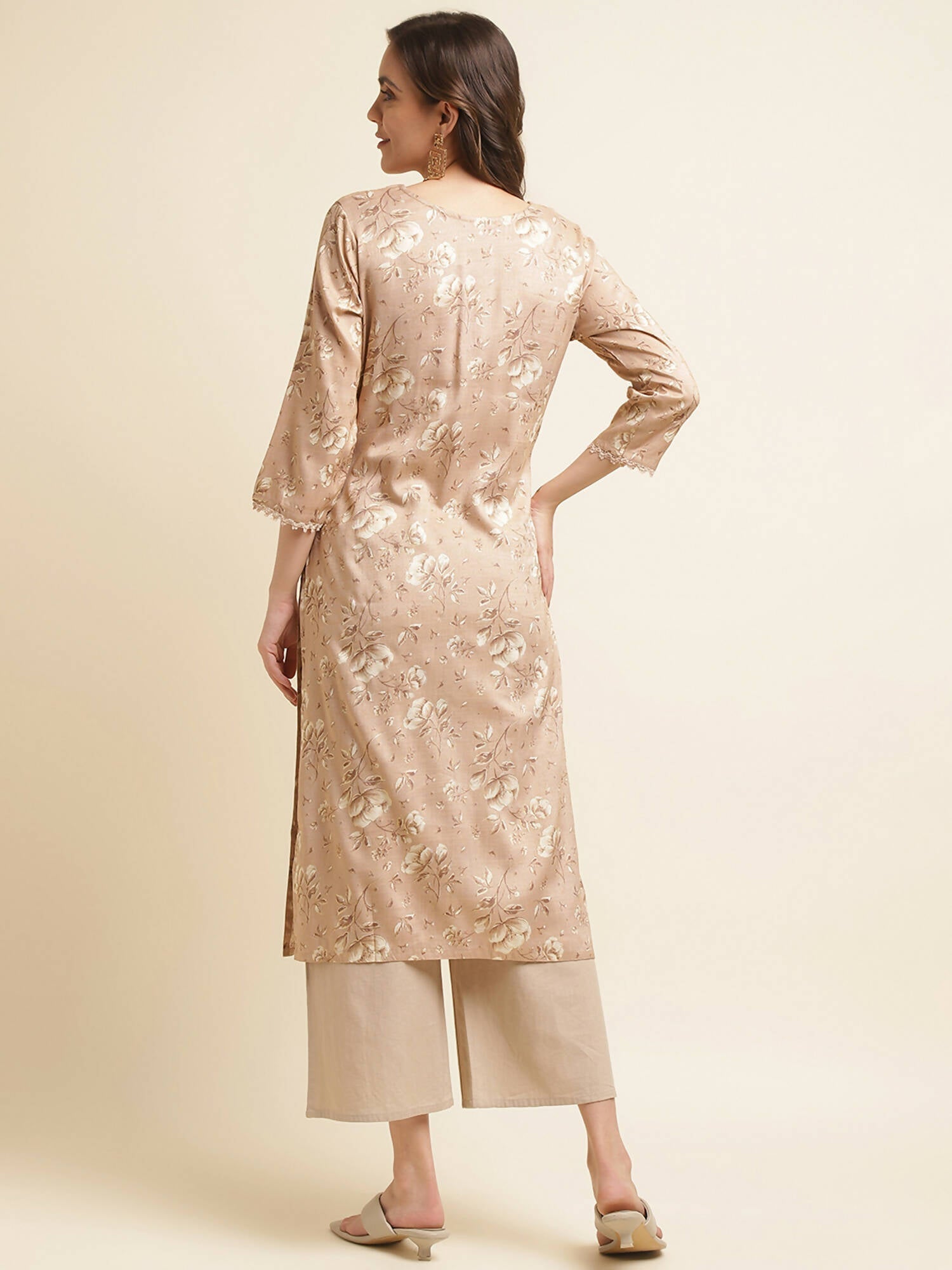 Beige Poly Rayon Floral Printed Straight Kurta - Prasuti