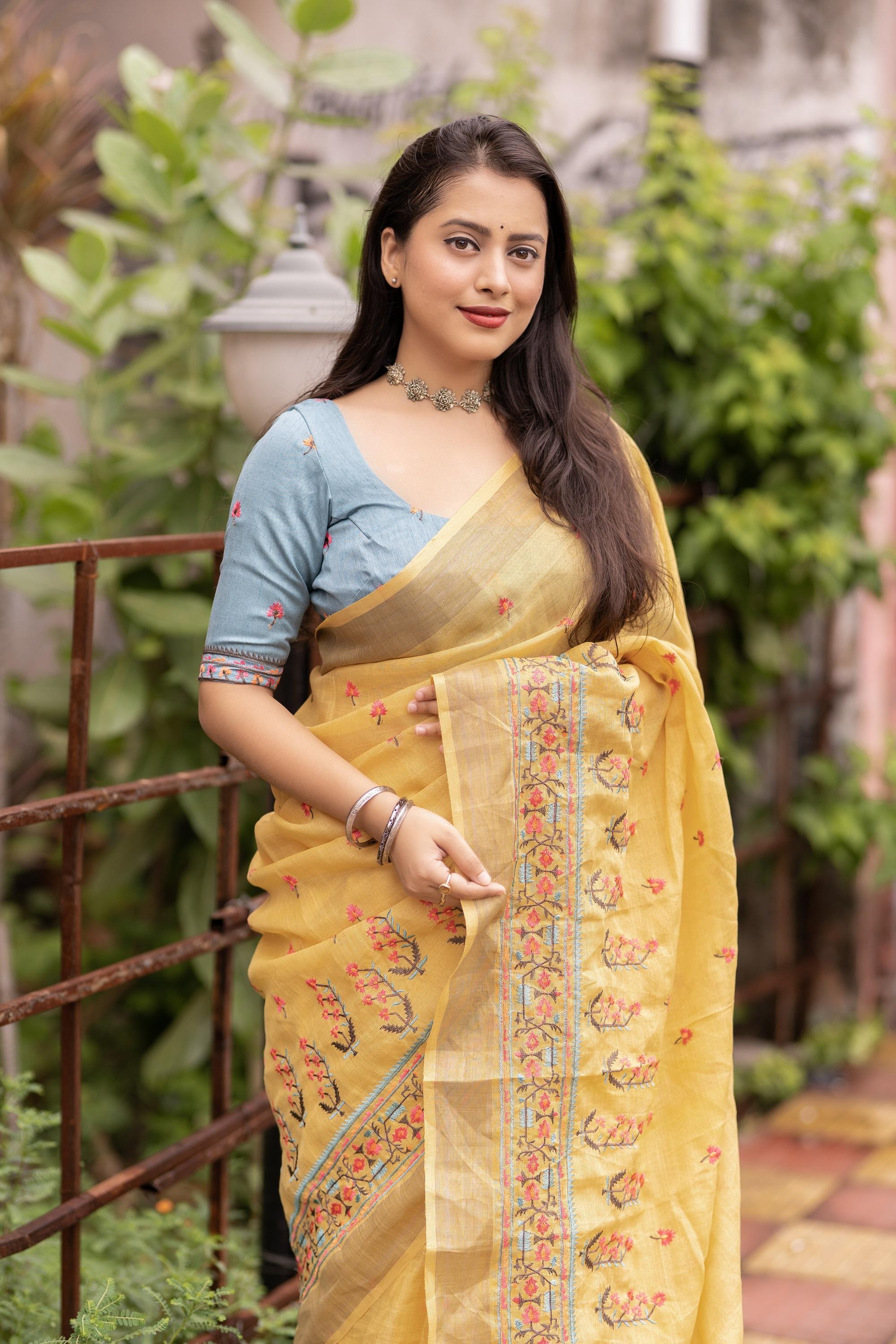 Yellow Pure Linen Ethnic Motifs Saree with Unstitched Blouse - A2M