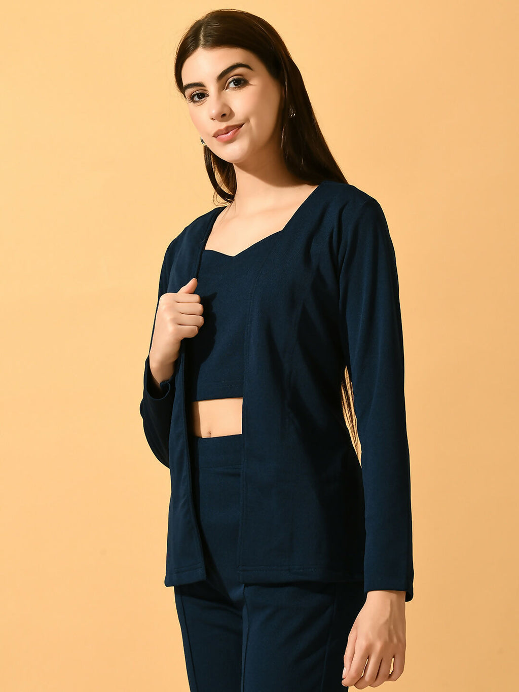 Myshka Women's Navy Blue Solid Coat With Trousers