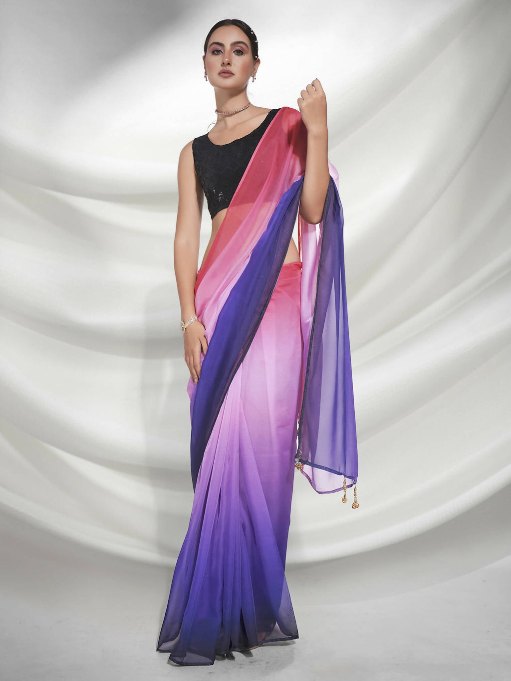Purple Organza Solid Saree With Unstitched Blouse Piece - Shanaya