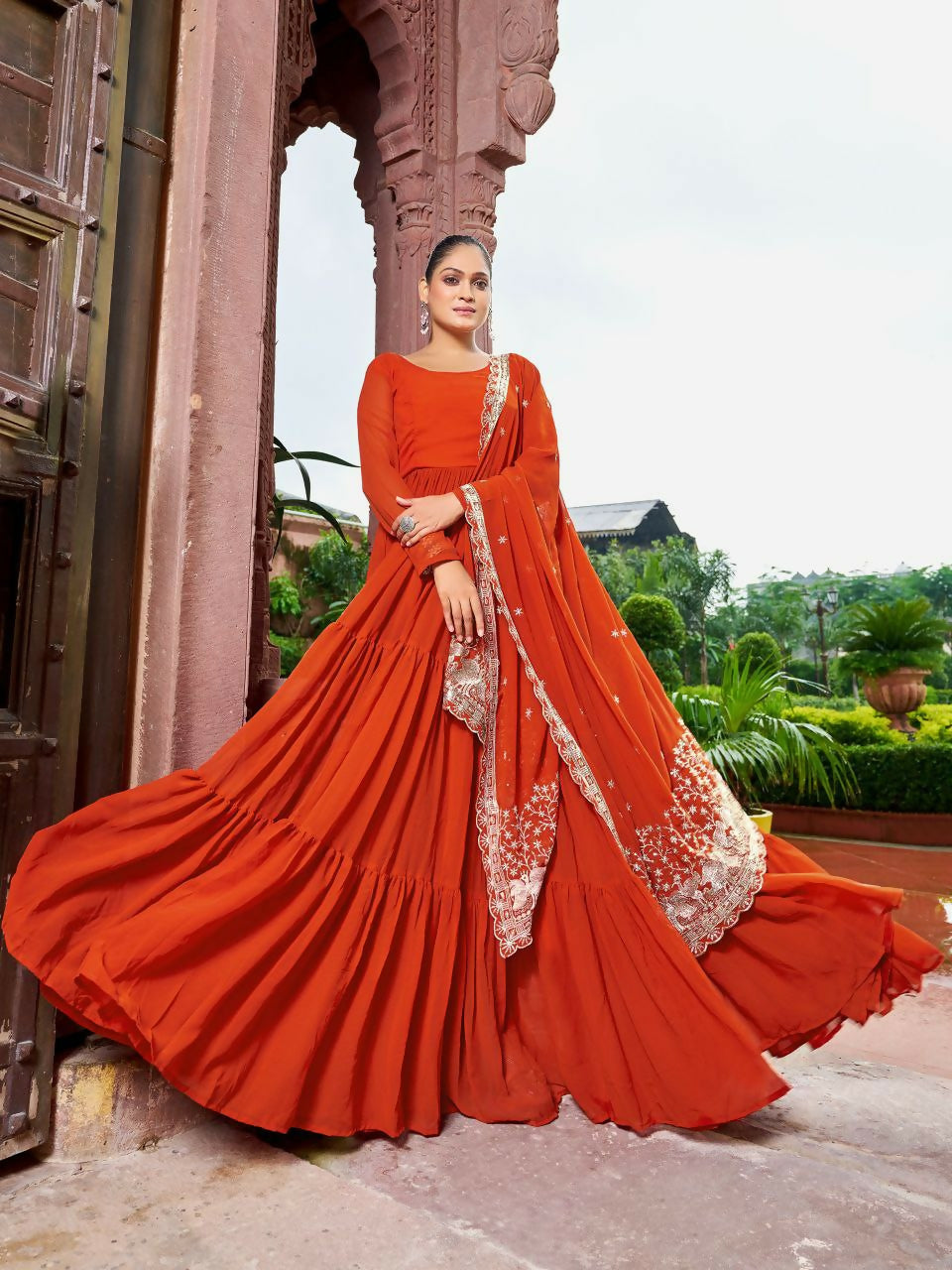 Joban Fashion Rust Readymade Kurta Set With Sequence embroidery Work