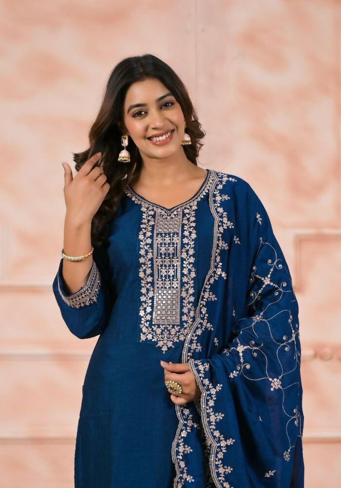 Ethnic Festive Wear Slik Petrol Stitched Suit With Dupatta - Anbazaar