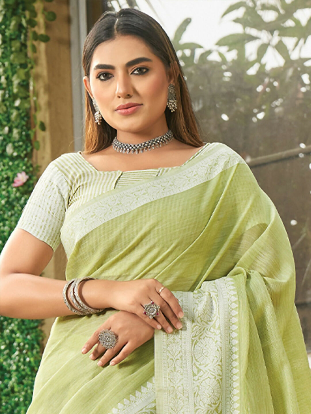 Shree Shyam Fashion Lime Green Linen Saree