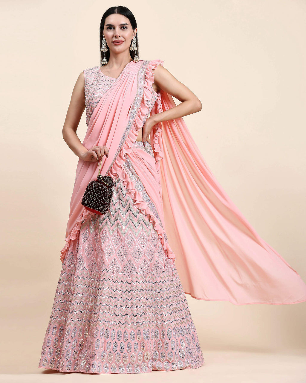 Pink Pure Viscose Georgette Thread With Sequins Embroidery Work Lehenga Choli With Dupatta - Tanya
