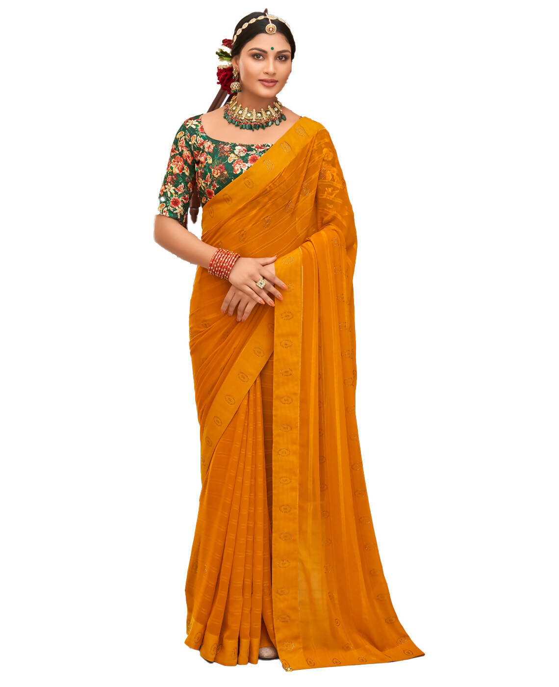 Mustard Georgette Swaroski Work Saree With Unstitched Blouse Piece - Juhi